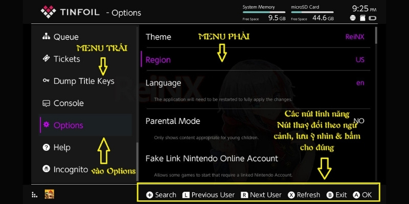Màn hình nhập protocol, URL và success code trên Tinfoil.